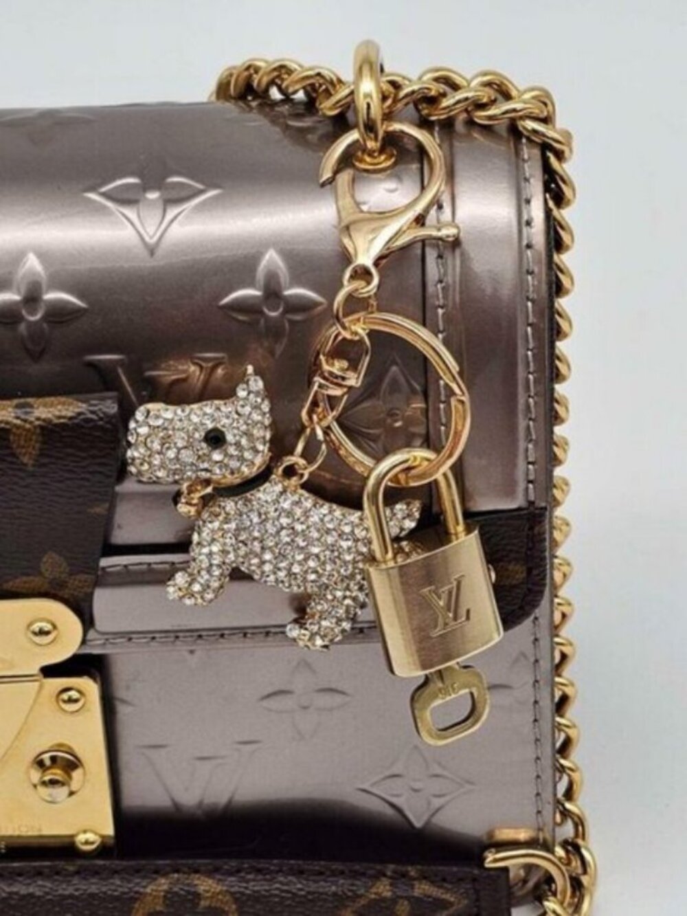 Authentic Louis Vuitton Gold Lock & Key 🔑 Bag Charm w/ Unbranded Dog Charm - Picture 3 of 8